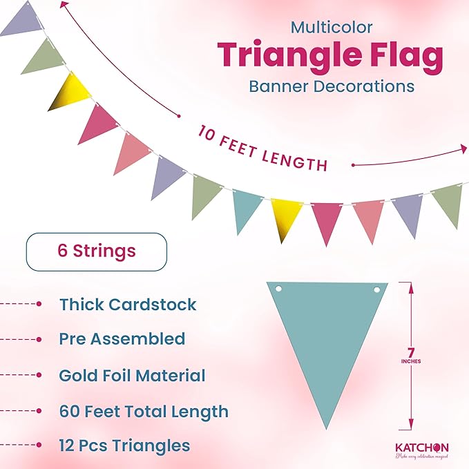 KatchOn, Multicolor Pennant Banner - 60 Ft, 8 Strings, No DIY | Multicolor Flag Banner | Pennant Flag for Birthday, Wedding, Baby Shower, Classroom Decoration | Colorful Garlands for Party Decorations