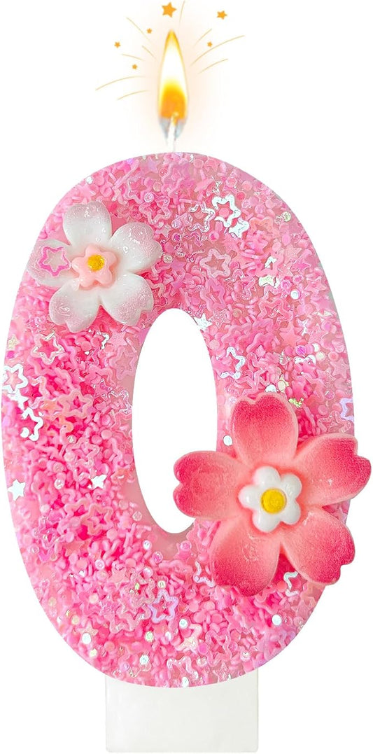 Pink Flower Birthday Candle,Number Birthday Candles for Cake, Ideal Birthday Parties Cake Decor, Wedding Anniversary and Other Celebrations (Number 0, Pink)