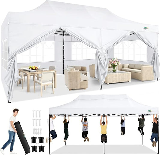 COBIZI 10x20 Heavy Duty Pop Up Canopy Tent with 6 Sidewalls Thicken Frame, Commercial Easy Up Outdoor Wedding Party Tents, All Season Waterproof Windproof with Stakes Sandbags Ropes Roller Bag, White