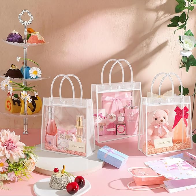 Okxiri 15 PCS Clear PVC Gift Bags with Handles,Small Reusable Plastic Party Favor Bags, Transparent Goodie Bags for Wedding,Baby Shower, Birthday (8.8" x 6.5" x 2.6")
