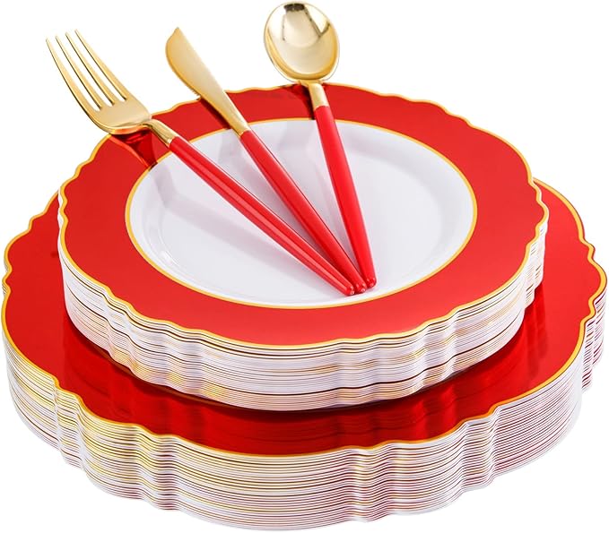 WDF 30Guest Red Plastic Plates - Gold Plastic Silverware With Red Handle - Red Plates Disposable- Baroque Plastic Dinnerware for Wedding Baby Shower Spring Birthday