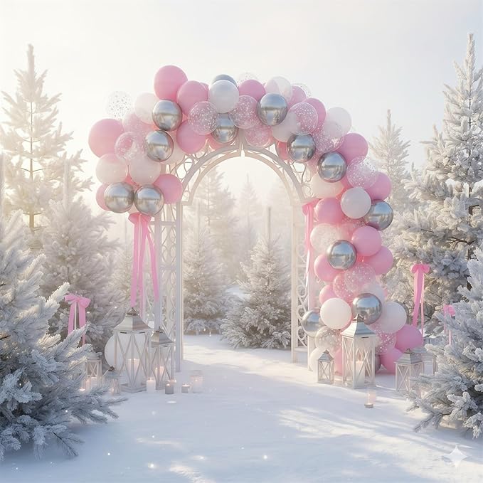 Pink and Silver Balloons, 60Pcs Winter Onederland Party Decorations, Pastel Light Pink Pearl White Metallic Silver Latex Balloon with Snowflake Balloon for Winter Wonderland Baby Shower Birthday Decor