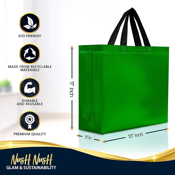 Nush Nush Large Green Gift Bags Bulk – Set of 30 Shiny Reusable Green Gift Bags With Handles - Perfect Goodie Bag for Christmas, Birthday Party Favor s, Holiday, Parties and Events – 13Wx5Dx11H