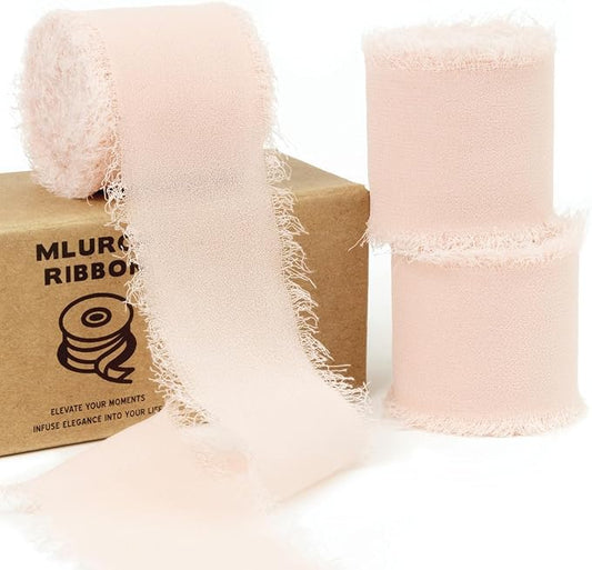 Cream Pink Chiffon Ribbon 1-1/2 Inch x 21 Yards - Handmade Fringe Silk Ribbon for Wedding Invitation, Bridal Flower Bouquets, Gift Wrapping