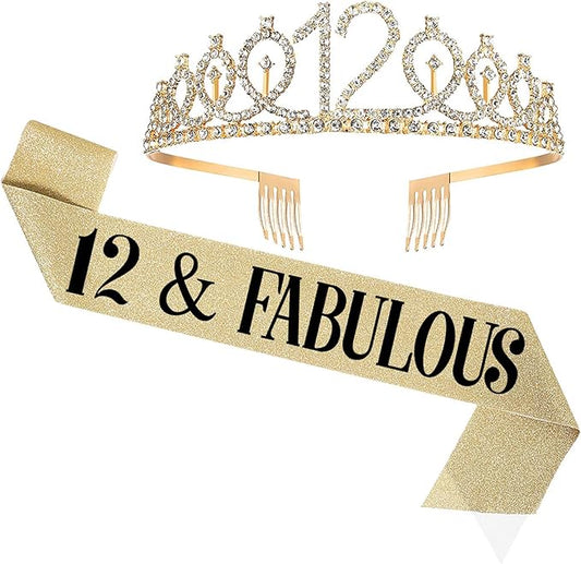 12th Birthday Sash and Tiara, 12 & Fabulous Sash and Tiara Birthday Crown, Happy 12th Birthday Gifts for Party Favors Supplies and Decorations, Gold
