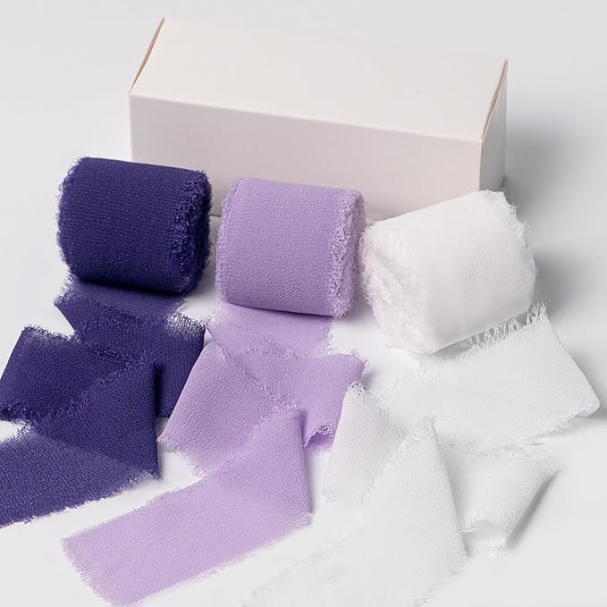 Chiffon Ribbon, Purple White 1.5''x21Yd Frayed Fringe Silk Ribbon for Gift Wrapping, Handmade Ribbons for Crafts, Wedding, Halloween, Birthday, Graduation, Engagement, Bridal Shower, 3 Rolls