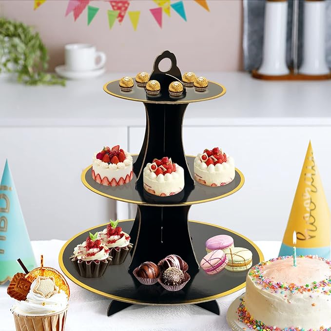 Soleebee 3-Tier Round Cupcake Stand, Cardboard Cupcake Tower, Dessert Cup Cake Stand Tower for Birthday Wedding Party Decoration, Cupcake Tier Stand 1 Set (Black Gold)
