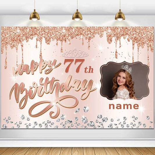 Customizable Rose Gold Happy 77th Birthday Decoration Banner - Personalized with Name and Photo