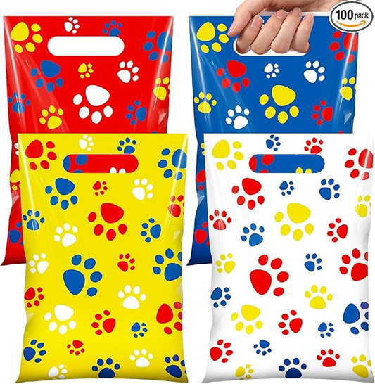 Pasimy 100 Pcs Dog Paw Gift Bags Bulk Pet Paw Puppy Plastic Treat Favor Candy Goodie Bags with Handle for Dog Birthday Party Decoration Supplies (Dark Blue Yellow Red)