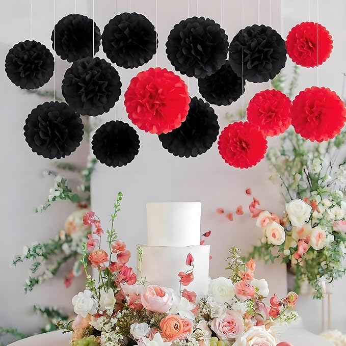 XIKSXITN 12 pc Black Red Tissue Paper Pom poms-Hanging Paper Pom Poms Paper Flowers Ball for Party Decorative(10&12 inch)