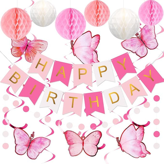 meowtastic Birthday Decorations, Happy Birthday Banner with Honeycomb Balls, Butterfly Hanging Swirl Streamers, Circle Dots Garland, Happy Birthday Party Decorations for Women Girls (Pink & White)
