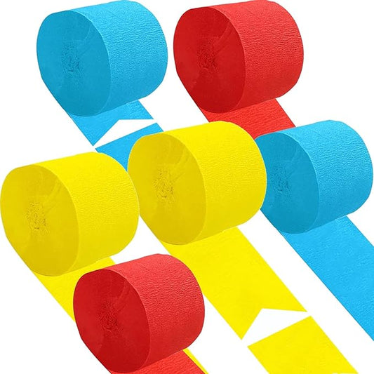 Red Blue and Yellow Crepe Paper 6 Pcs Streamers for Party Decorations, Birthday Wedding DIY Crafts, Gift Wrapping Supplies