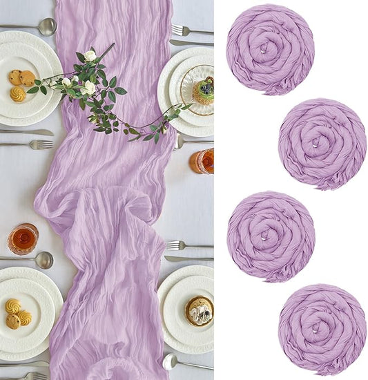 IVAPUPU 4 Pcs Cheesecloth Table Runner - 10ft Lilac Purple Lavender Boho Gauze Cheese Cloth Table Runners for Baby Shower Decorations Wedding Party Summer Garden Decor