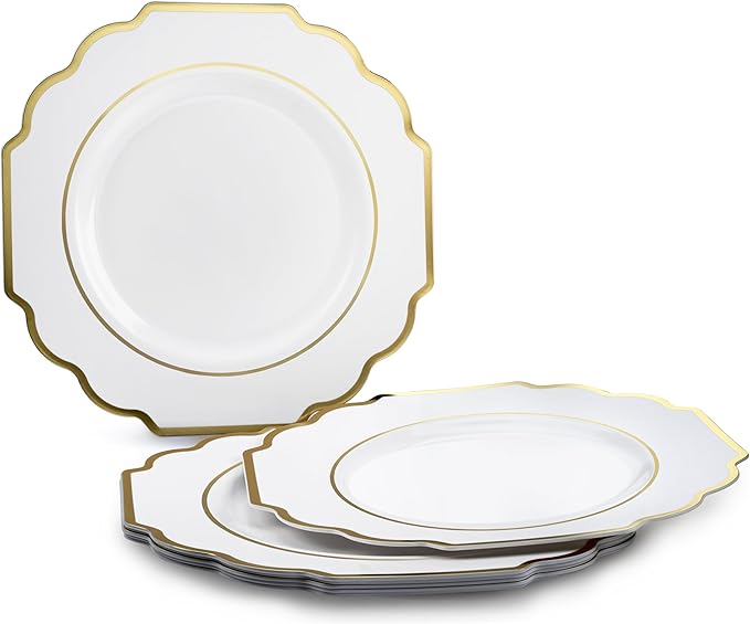 " OCCASIONS " 960 Piece set (120 Guests)-Heavyweight Wedding Party Disposable Plastic Plate Set - 120 x 10.5'' + 120 x 8'' + Silverware + Cups + Napkins (Imperial White & Gold)