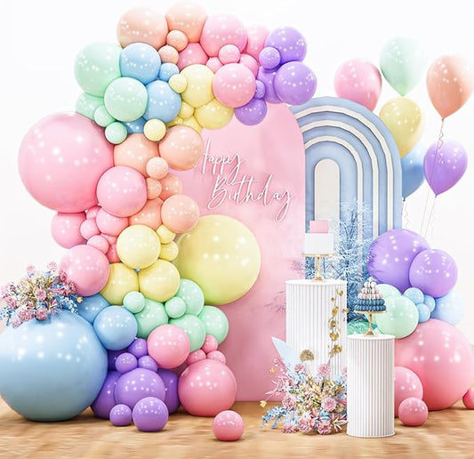 PartyWoo Pastel Balloon Arch Kit Garland 142pcs Different Sizes of 18 12 10 5 Inch Light Baby Pale Pink Blue Green Purple Yellow Orange Balloons for Baby Shower Graduation Birthday Party Decorations