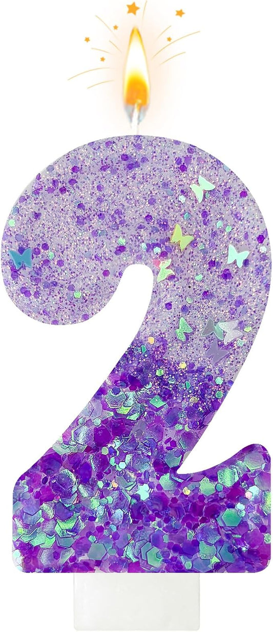 Purple Sequin Birthday Candles, Cake Number Candles, Girls Birthday Decorations, Suitable for Birthday Parties, Anniversary Party Decorations (2)