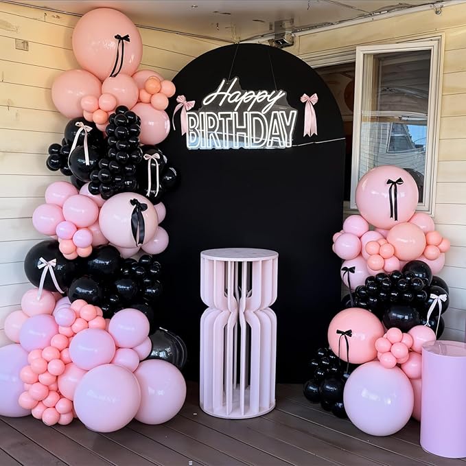 HILAVO Pink and Black Balloons Arch Kit Bow Balloon Garland Coquette Bow Balloons Ribbon Pastel Baby Light Pink Black Party Balloon for Coquette Birthday Wedding Baby Shower Bridal Shower Party Decor