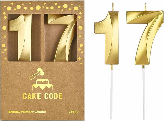 2.76 Inch Diamond Gold 17 Number Birthday Candles, Gold and Cake Number Candles for Party Celebration