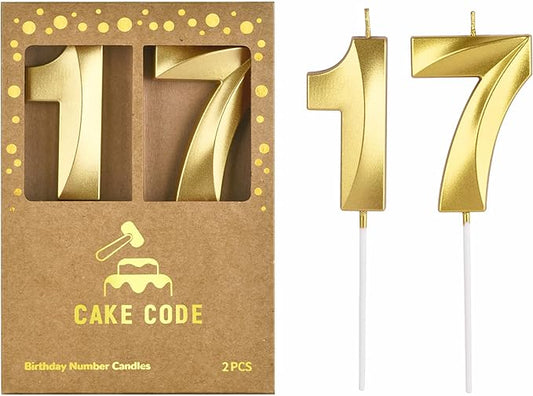 2.76 Inch Diamond Gold 17 Number Birthday Candles, Gold and Cake Number Candles for Party Celebration
