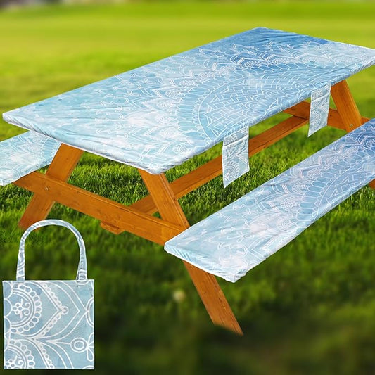 Fitted Picnic Table Cover with Bench Covers, Windproof Vinyl Table Cloths Outside Camping Cooking Backyard Furniture Seat Cushion Tablecloth Activities Party Decor Decorations Para Acampar Equipment