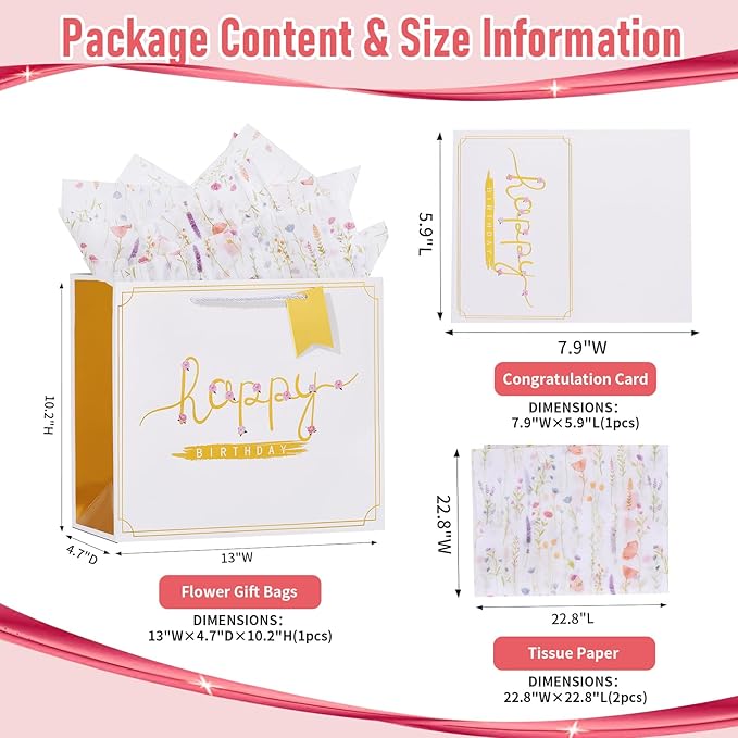 Powbrace 13" White Happy Birthday Gift Bag with Tissue Paper and Greeting Card for Party,Happy Birthday Gift Bag for Men and Women, Gift Bags Medium size (1 Pcs Hot Stamping)