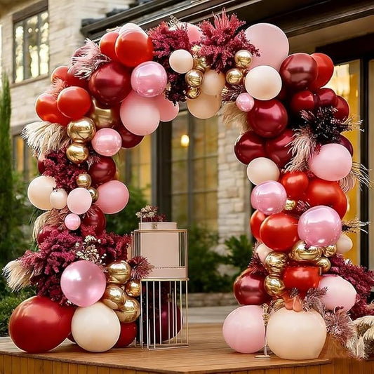 Red Pink Balloon Garland Double Stuffed Burgundy Pink Gold Pearl Balloons Rose Red Blush Nude Balloon Arch for Mother's Day Birthday Bridal Shower Wedding Engagement Party Decorations