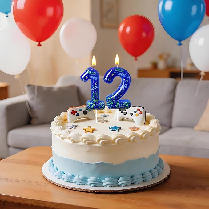 Number 2 Birthday Candle for Cake – Blue Gaming Theme Number Candle with “Next Level” Design, Video Game Style Cake Topper for Anniversary & Celebration