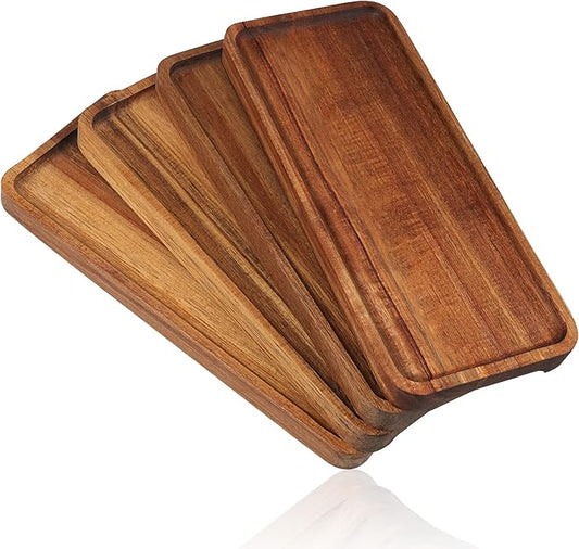 GNIEMCKIN Wooden Serving Platter, 13.8 x 5.1 Inch, Set of 4, Acacia Wood Tray, Perfect for Serving Charcuterie, Desserts, Dips, Sushi, Parties, Family Gatherings, Weddings, and Home Decor
