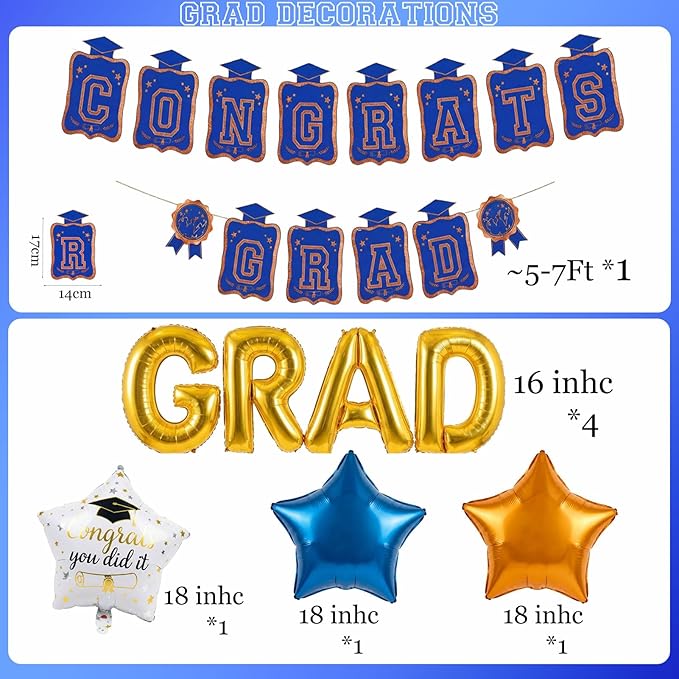 Blue Orange Gold Balloons GRAD Print Balloons with Banner Table Honeycomb Centerpieces Hanging Swirl star GRAD Letters Mylar Balloons for 2026 graduate Prom Decorations