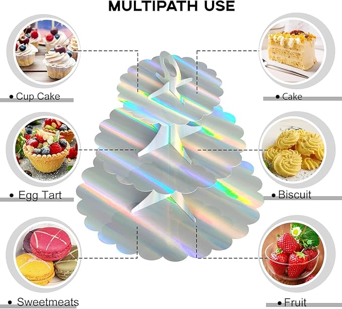 3-Tier Cupcake Stand Tower, Rainbow Silver Cardboard Cake Holder for Birthday Wedding Party Displays, Laser Silver Design - Space-Saving Dessert Table Decor (1 Pack) ﻿