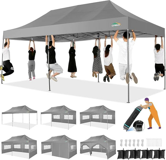 COBIZI 10x20 Heavy Duty Pop up Canopy Tent with 6 sidewalls Easy Up Commercial Outdoor Wedding Party Tents for Parties All Season Wind & Waterproof Gazebo Roller Bag, Light Grey(Frame Thickened)