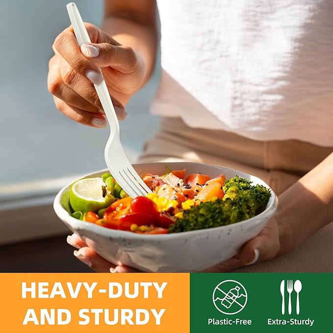100% Compostable Fork, 7" Disposable Cornstarch Forks Heavy Duty Cutlery BPI Certified Eco-Friendly Utensils Biodegradable Party Dinner Supplies No Plastic-150pcs Forks