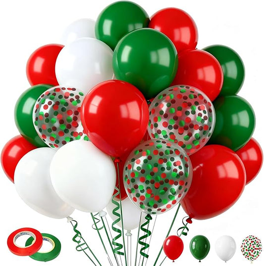 60 Pcs 12 Inch Christmas Balloons Red Green White Confetti Balloons for Birthday Wedding Festival Christmas New Year Holiday Decoration