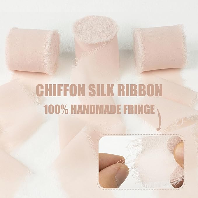 Cream Pink Chiffon Ribbon 1-1/2 Inch x 21 Yards - Handmade Fringe Silk Ribbon for Wedding Invitation, Bridal Flower Bouquets, Gift Wrapping