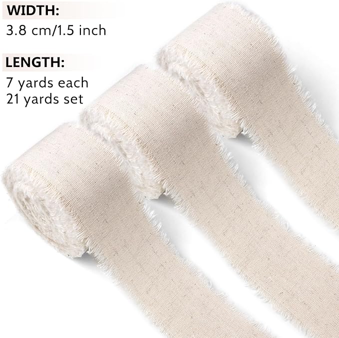 Linen Ribbon Beige Cotton Ribbon 1.5" x 21Yds Boho Vintage Rustic Ribbon Handmade Fringe Frayed Cloth Fabric Ribbon for Gift Wrapping Wedding Invitations Bridal Bouquets DIY Crafts