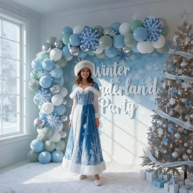 Blue Green Snowflake Balloon, Winter Wonderland Party Decorations, Pastel Green Dusty Blue Metallic Silver Balloons with Snowflake Foil Balloon for Christmas Winter Onederland Birthday Party Decor