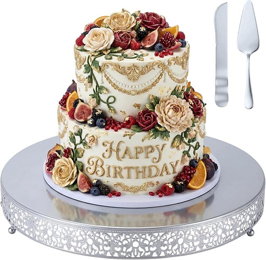 Wenqik 18 Inch Silver Cake Stand Set Metal Round Cupcake Dessert Stand with Cake Cutting, Spatula Wedding Cupcake Pastry Display Candy Holder Display for Wedding Party Birthday Baby Shower(Classic)
