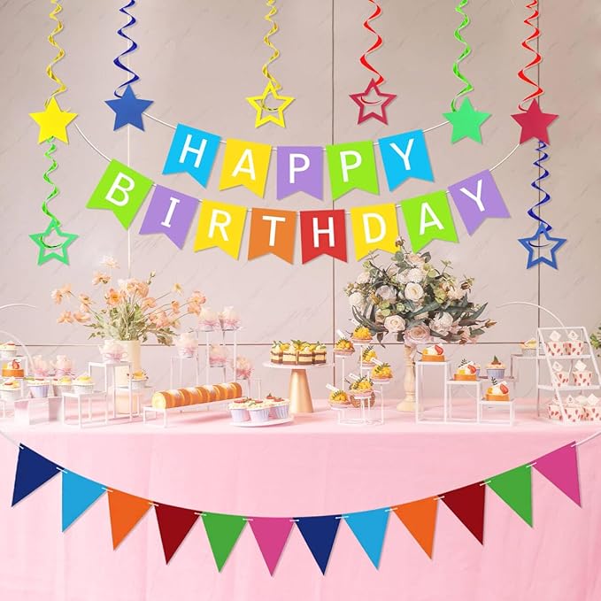 Colorful Happy Birthday Banner Rainbow Birthday Decorations, Rainbow Birthdays Banner Multicolor Triangle Flag Bunting Garland 8PCS Star Hanging Swirls Colorful Party Supplies for Girls Women Boys Men