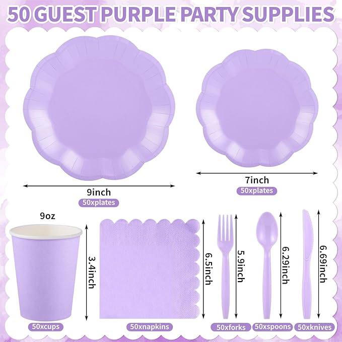 NatNarr 350 Pcs Light Purple Party Supplies Include Scalloped 9" Lavender Plates 7" Cake Plate Napkins Cups Forks Knives Serve 50 Guest Party Tableware for Wedding Baby Shower Birthday Party