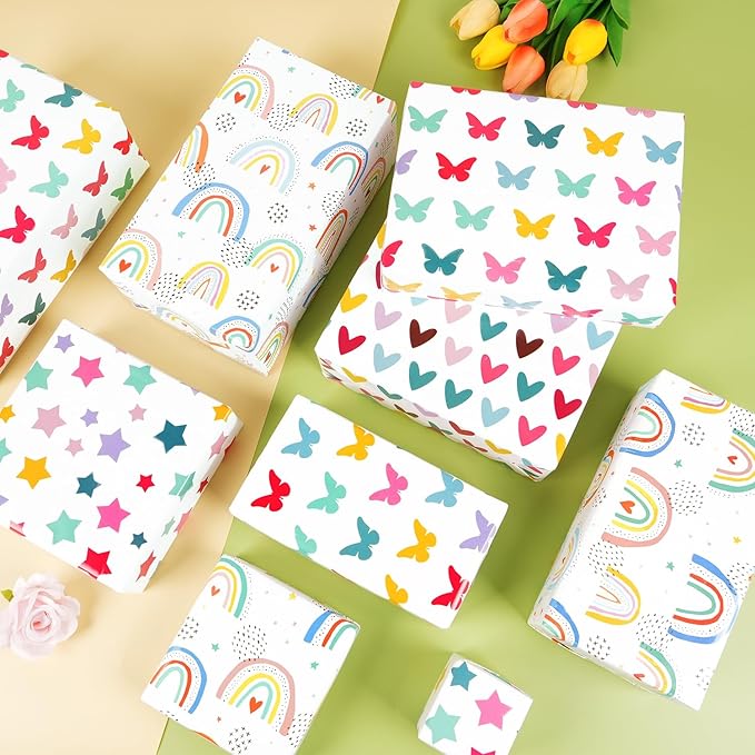 Gift Wrapping Paper, 6 Sheets Colorful Birthday Wrapping Paper for Baby Girls Women, Folded Flat Gift Wrapping Paper with Rainbow Heart Star Butterfly Designs for Birthday Baby Shower Wedding, 20×28In