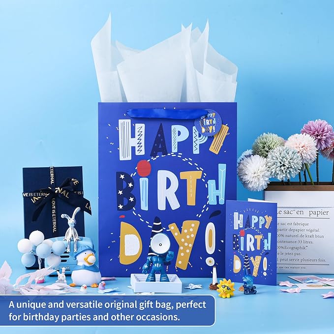 Powbrace 13" Blue Happy Birthday Bag with Tissue Paper and Greeting Card for Party,Happy Birthday Gift Bag for Boys, Girls, Kids, Men Women,Gift Bags Medium size (1 PCS Blue, Gift Bag)