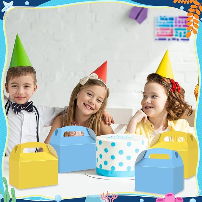 Honoson 24 Pcs Gable Paper Gift Boxes Yellow and Blue Party Favor Treat Boxes for Goodie, Candy, Cookie, Snacks, Sponge Birthday Cartoon Themed Party Decorations 6.3" x 3.74" x 3.74"