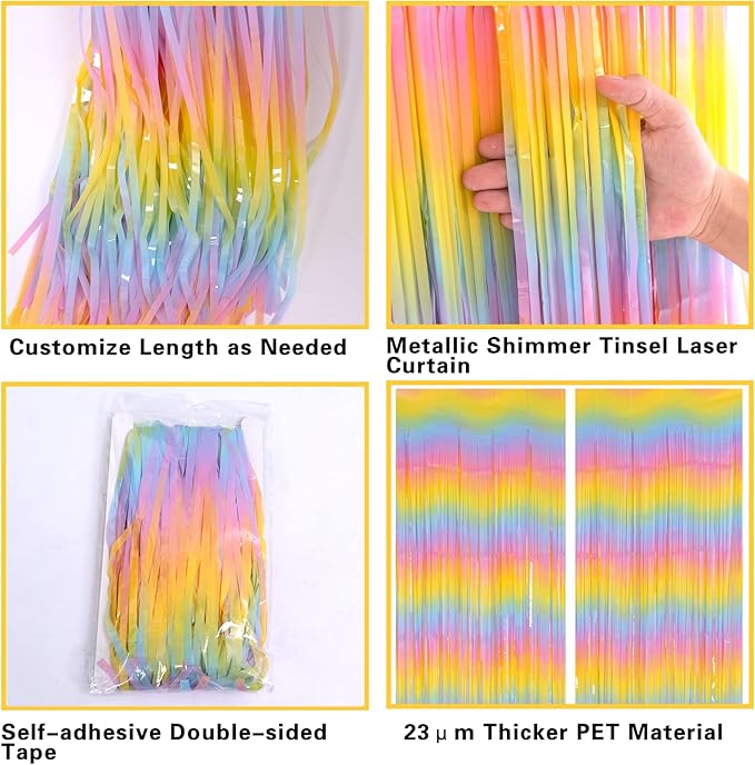 PIGETALE Pastel Rainbow Foil Fringe Curtains, 2Pcs 3.2x8.2ft Metallic Tinsel Foil Streamers Colourful Photo Booths Props Backdrop for Easter Princess Birthday Wedding Engagement Party Decorations
