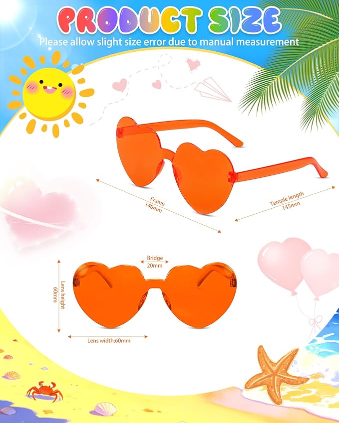 12 Pairs Heart Shaped Sunglasses Candy Color Rimless Fun Heart Glasses for Women Party Favors