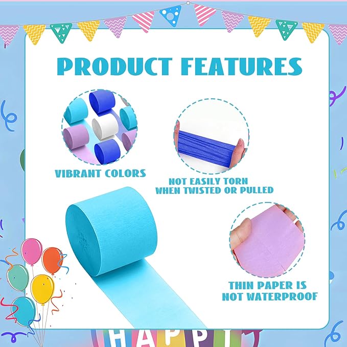 Blue White Crepe Paper Streamer 8 Rolls 32ft Winter Princess Party Supplies Frozen Backdrop Birthday Baby Shower Decoration(1.77inx32ft)