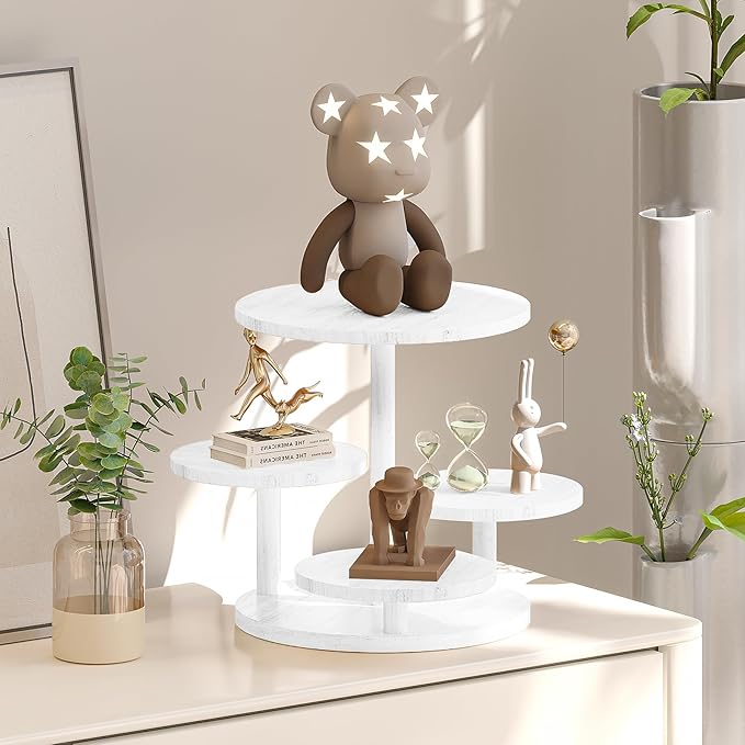 HURZMORO 4 Tier Round Cupcake Tower Stand for 50 Cupcakes,Wood Cake Stand with Tiered Tray Decor,Farmhouse Tiered Tray Decor,Cupcake Display for Birthday Graduation Baby Shower Tea Party,White