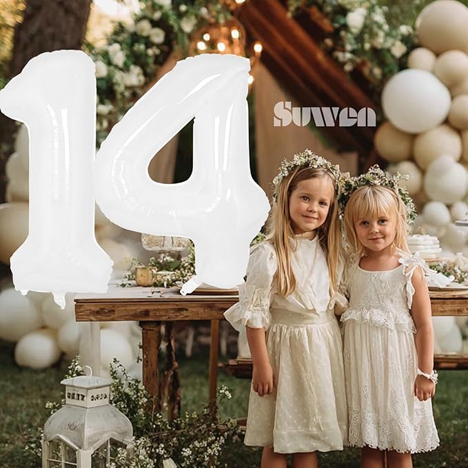 SUWEN 40 Inch White Large 14 Number Balloons Big Foil Helium Number Balloons 0-9 Giant Jumbo Happy 14th Birthday Party Decorations for Boy or Girl Huge Mylar 41 Anniversary Party Supplies