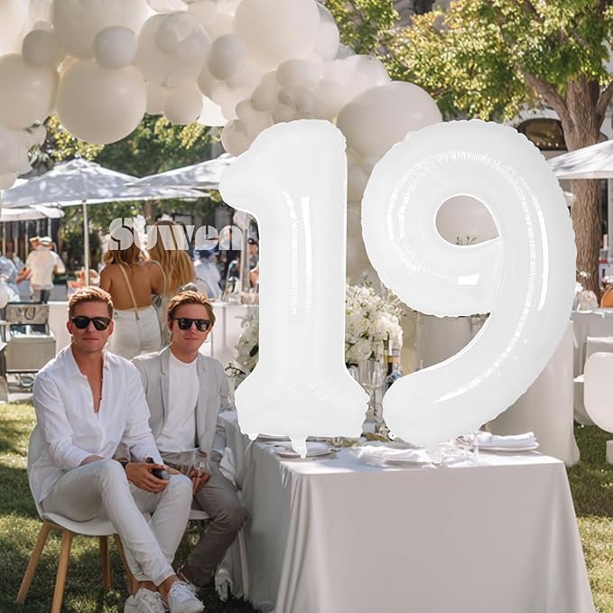 SUWEN 40 Inch White Large 19 Number Balloons Big Foil Helium Number Balloons 0-9 Giant Jumbo Happy 19th Birthday Party Decorations for Boy or Girl Huge Mylar 91 Anniversary Party Supplies