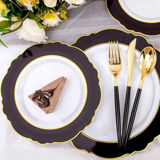 WDF 30Guest Black and Gold Plastic Plates - Gold Plastic Silverware With Black Handle Baroque Black and Gold Disposable Dinnerware for Graduation/Wedding/Party/Birthday