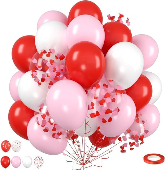 Red Pink White Balloons, Valentine's Day Balloon with Pink Heart Confetti Latex Balloons For Valentine Party Birthday Baby Shower Party Wedding Bridal Anniversary Engagement Decorations